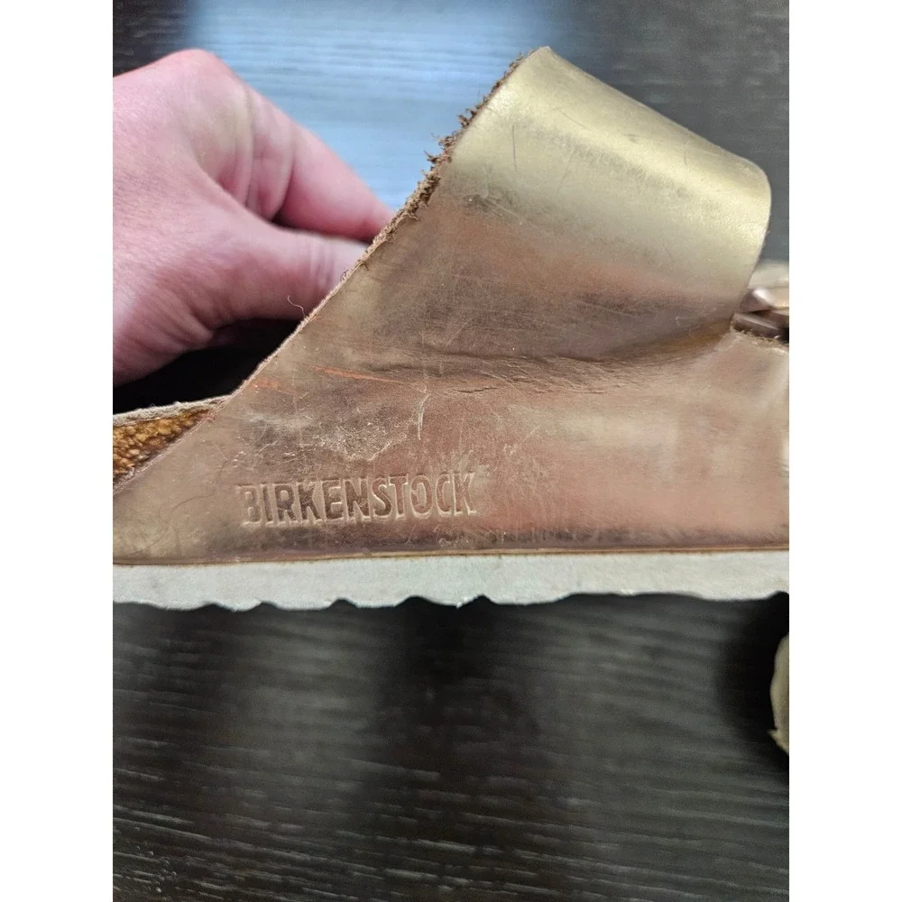 Birkenstock‎ Arizona Metallic Rose Gold Leather Two Strap Sandals Slides Womens
